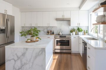 Wall Mural - A kitchen with clean white cabinets, marble countertops, and high-end stainless steel appliances.