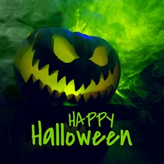 Poster - Composite of happy halloween text and halloween pumpkin on green background