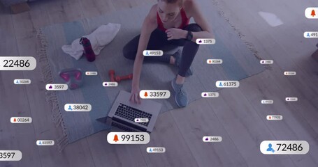 Sticker - Animation of notification bars over caucasian woman using laptop at completing exercise at home