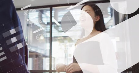 Poster - Animation of infographic interface over low angle view of diverse coworkers discussing in office