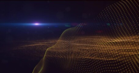 Poster - Animation of dots forming dynamic waves and lens flares over black background