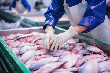 Wall Mural - Fish processing plant. Production Line. People sort the fish moving along the conveyor. Sorting and preparation of fish. Production of canned fish. modern food industry.