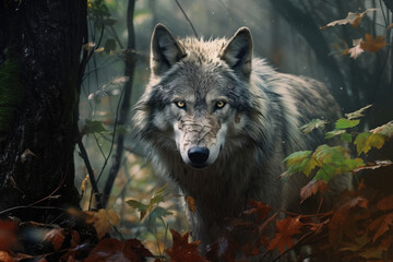 Portrait of Grey Wolf hiding or lurking in the forest hunting for preys, animals wildlife concept, Animal in the jungle, dangerous time.