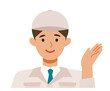 Man wearing factory worker uniform. Factory worker Man cartoon character. People face profiles avatars and icons. Close up image of pointing man.