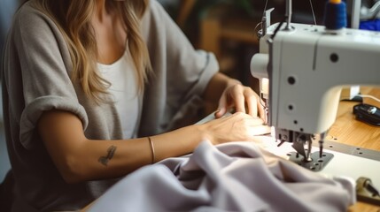 Wall Mural - Female fashion designer using sewing machine in workshop