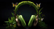 headphones earphones headset made of forest green moss concept of podcast audio sound about nature eco sustainable environment care for planet or calm relaxing training music