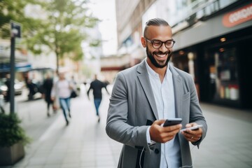 Handsome bearded man in eyeglasses using mobile phone while walking in the city