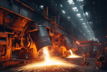 Poster - Industrial metallurgy, glowing metal and sparks, Heavy machinery at large industry factory.