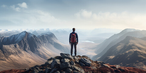 Man with a backpack on top of a mountain. Enjoying the view of the landscape with mountains clouds and lake after hiking trekking climbing adventure , success on achieving goals