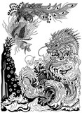 Fototapeta  - Dragon and Feng Huang or Chinese phoenix are depicted playing with or chasing a pearl. Landscape with waterfall waves and sakura blossom. Feng shui theme. Vertical orientation. Black and white vector 