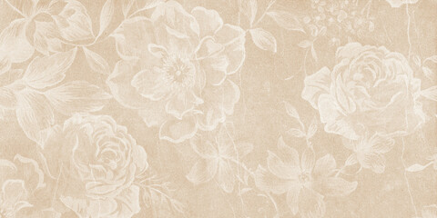 Poster - Flowers on the old white wall background, digital wall tiles or wallpaper design
