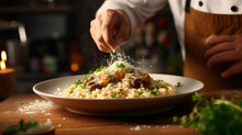 Risotto On A Wooden Table In The Kitchen