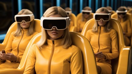 Poster - Woman using virtual reality glasses and sitting in yellow chairs.