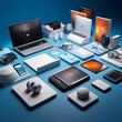 Set of electronic devices on blue background. 3D rendering. Computer digital drawing.