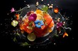 Salmon with vegetables and herbs on a black background. Top view.