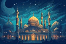 Free Eid Mubarak Realistic Silhouette Of Moon And Mosque Generative AI