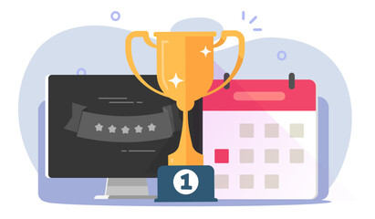 Poster - Reward online competition contest event icon vector graphic illustration, celebration congratulation giveaway date prize drawing, award winner digital virtual on computer pc gold cup image clipart