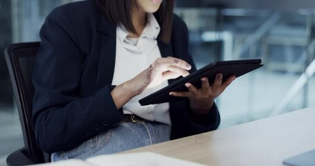 Poster - Business woman, hands and tablet in research, social media or communication at night by office. Closeup of female person or employee working late on technology in online search or networking at work