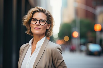 Confident middle aged Scandinavian businesswoman in a formal suit against the backdrop of skyscrapers in the business district of the city. Success and prosperity. Hard work in finance.