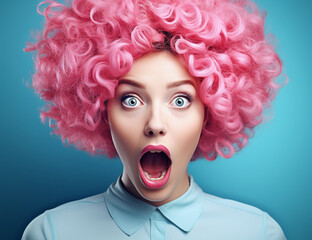 Surprised woman's expression looking at the camera with big open eyes, pink curly wig hair. Light Blue background