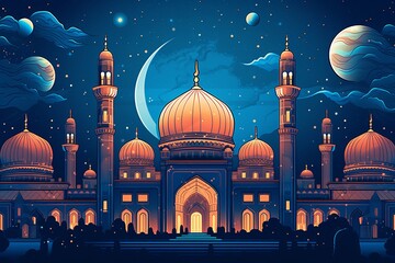 Wall Mural - Free Eid Mubarak realistic silhouette of moon and mosque Generative AI