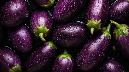 Wall Mural - Heap of fresh eggplants with water drops background. Vegetables backdrop. Generative AI