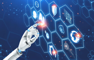 Poster - Robot Hand Touching AI icon on graphic virtual interface touchscreen, 3D Rendering Artificial Intelligence technology and machine learning for human life development in the future concept 