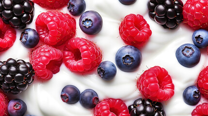 Wall Mural - Yogurt and fresh forest berries, background. Top view. Generative AI