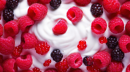 Wall Mural - Yogurt and fresh forest berries, background. Top view. Generative AI