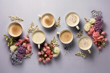 Colorful Tea Cups With Red Daisies And Tulips And Blue Grape Hyacinths And Purple Hyacinths, Soft And Dreamy Tones.