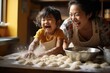 happy laughing asian mother and child wearing cooking and decorating Christmas cookies. AI Generated
