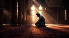 Muslim Man Praying Inside Mosque With Calm Atmosphere