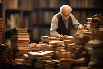 Poster - A librarian in a pile of books.