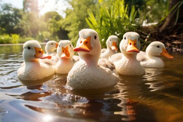 Poster - White ducks on the pond in summer.