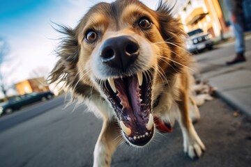 Poster - Dog in the city with an open mouth.