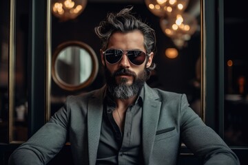 Wall Mural - Stylish man in gray jacket and dark glasses.