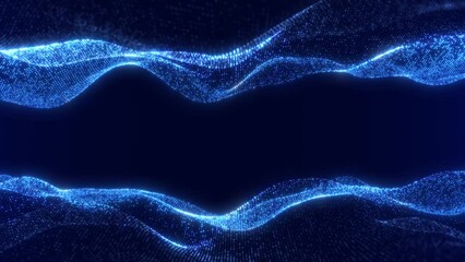 Abstract digital dynamic particle waves with light motion lights background, data flow, cyber technology. 3D rendering. Seamless loop 4k video. Screensaver video animation