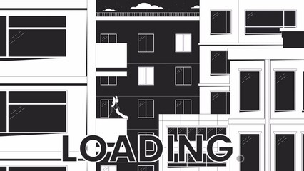 Poster - Lonely girl on balcony bw loading animation. Residential building night outline 2D cartoon cityscape 4K video loader motion graphic. Young woman relaxing evening animated gif isolated on white