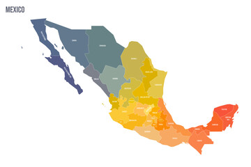 Canvas Print - Mexico political map of administrative divisions - states and Mexico City. Colorful spectrum political map with labels and country name.