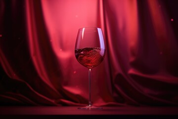 Red wine in a glass on dark pink and black neon background. Wineglasses. Romantic drink for party, wine shop or wine tasting concept. Hard light. Copy space