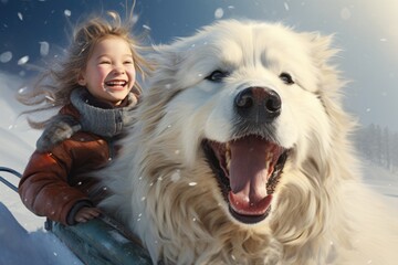 Wall Mural - beautiful little girl with her dog on the snow in winterhaving fun, AI Generated