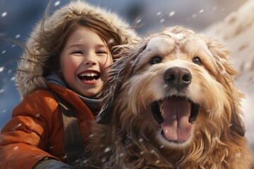 Wall Mural - beautiful little girl with her dog on the snow in winterhaving fun, AI Generated