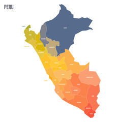Sticker - Peru political map of administrative divisions - departments. Colorful spectrum political map with labels and country name.