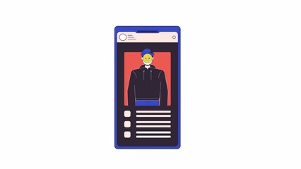 Aufkleber - Smartphone with fake online identity line 2D animation. False impersonating profile on phone 4K video motion graphic. Catfishing social media linear animated cartoon flat concept, white background