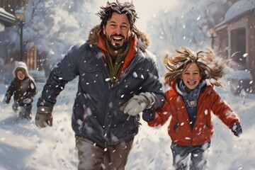 father and children in the snow in winter having fun and playing snow balls , AI Generated