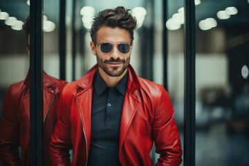 Aufkleber - Stylish man in red leather jacket and dark glasses.