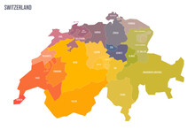 Switzerland Political Map Of Administrative Divisions - Cantons. Colorful Spectrum Political Map With Labels And Country Name.