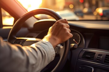 Poster - Hand on the steering wheel of the car. Sunset lighting.