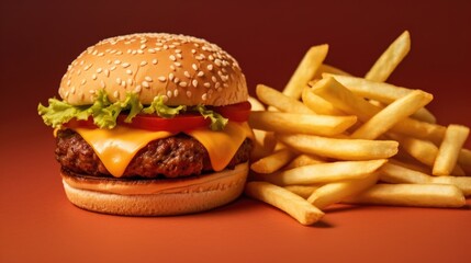 Wall Mural - Delicious cheeseburger with french fries. Fast food.