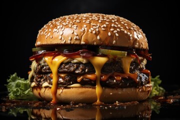 Wall Mural - Tasty burger with lettuce, tomato, cheesse and sesame seed bun on black background